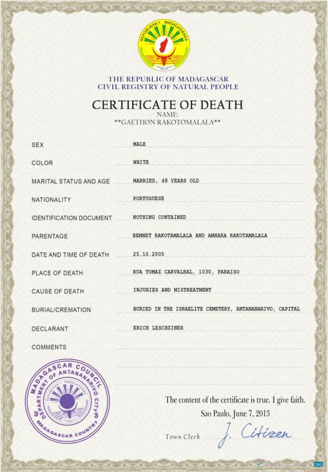 Download Madagascar vital record death certificate PSD template Photoshop template